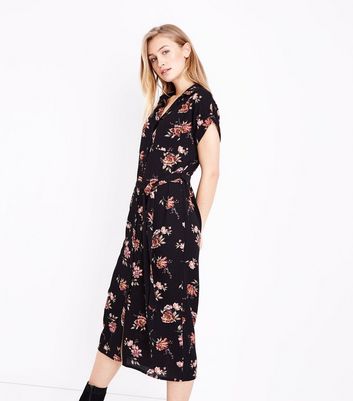 Black Floral Midi Shirt Dress | New Look